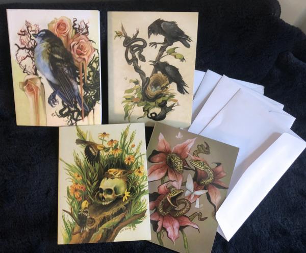 Set of 4 Note Cards, Birds Snakes Sulls and Nature mix  4.5 x 5.5