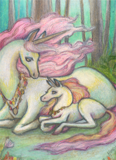 “Moon Medow Unicorns", original color pencils, 4.5 x 6.5 picture