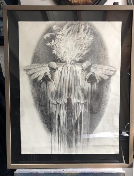 SALE: "Destruction", 18 x 24 Original Pencil Drawing, Wood Frame, Black Background picture