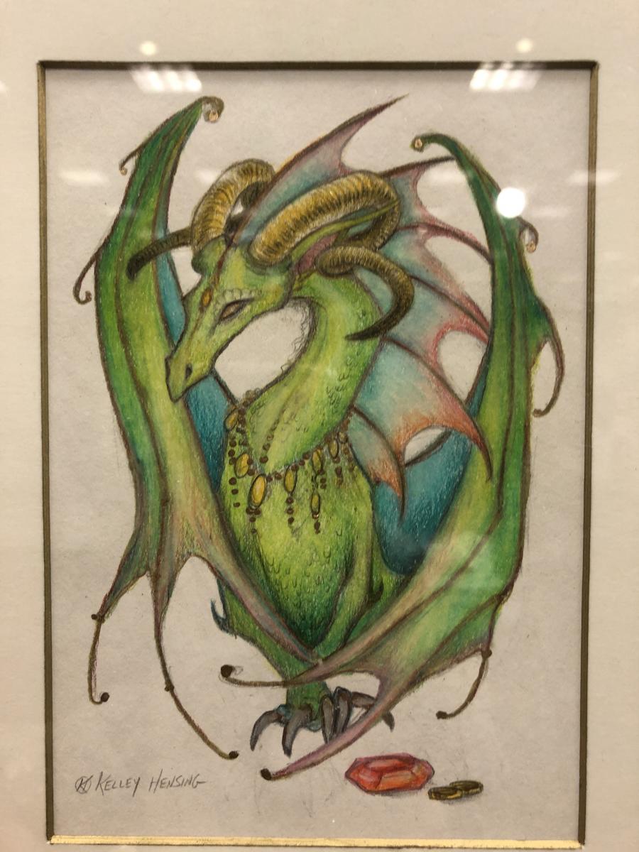 Green Dragon, original art 5x7, plus mat with frame picture