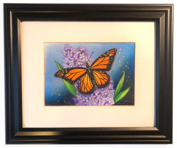 "Monarch on Lilacs", art 7x5 w frame 12x10