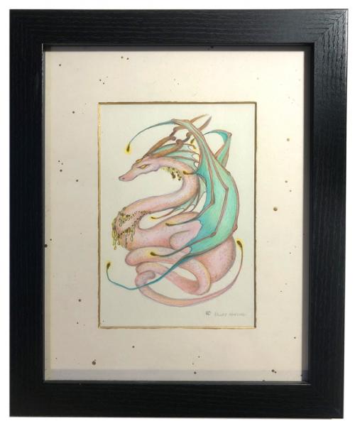 Pink Dragon, original art 5x7, plus mat with frame