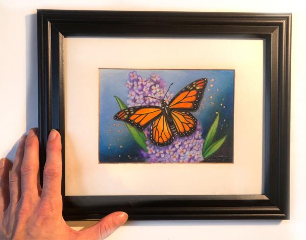 "Monarch on Lilacs", art 7x5 w frame 12x10 picture