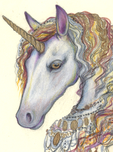 “Unicorn Adorned", original color pencils, 4.5 x 6.5 picture