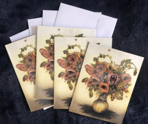 Set of 4 Note Cards "Regret-Me-Nots",  strange flowers...4.5 x 5.5 picture