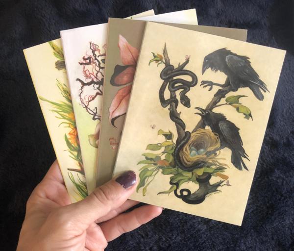 Set of 4 Note Cards, Birds Snakes Sulls and Nature mix  4.5 x 5.5 picture