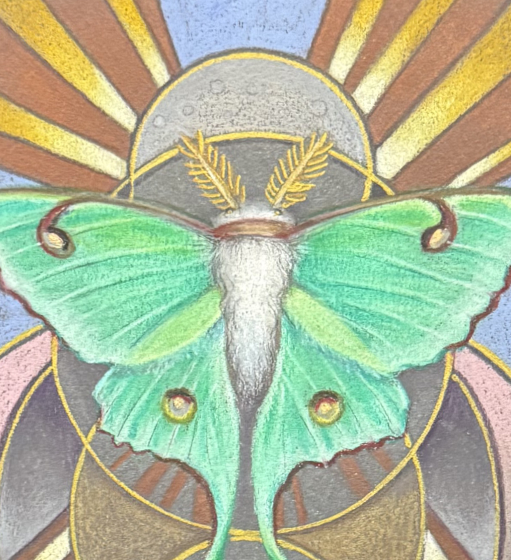 “Golden Solar Luna", Original Art, color pencils on gray paper, 4.5 x 6.5 picture