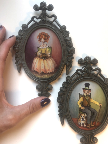 Tiny Original Art, Pair of 2, "Steampunk Dog Couple", Metal Italian Frame, Bulldog and Frenchie picture