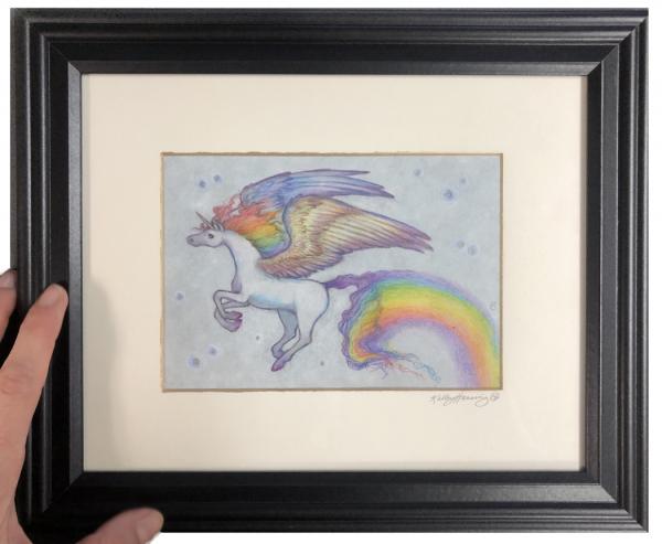 “Leaping Rainbow Winged Unicorn", original color pencils, 4.5 x 6.5 picture