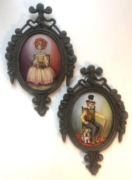 Tiny Original Art, Pair of 2, "Steampunk Dog Couple", Metal Italian Frame, Bulldog and Frenchie picture