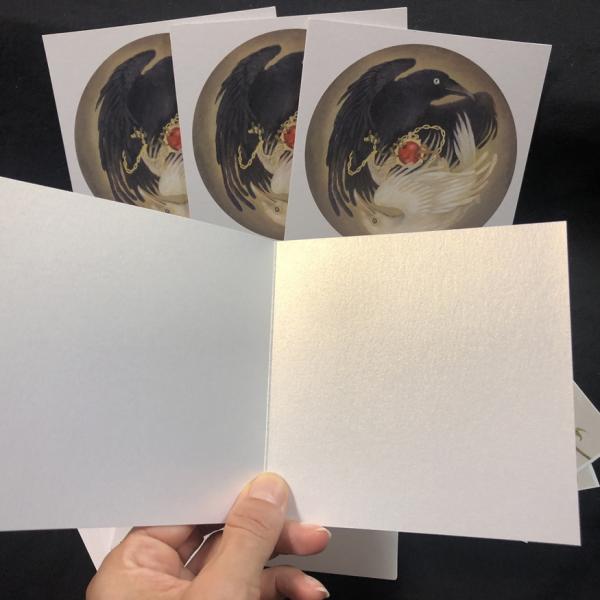 4 blank silverpaper notecards 5x5, "Two Birds and a Stone" picture