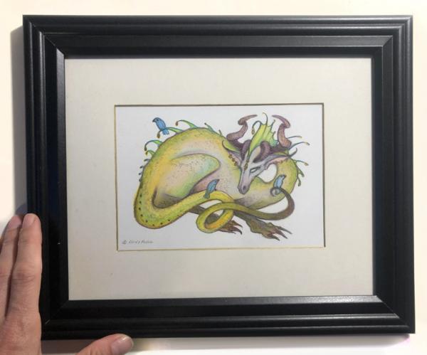 Yellow Dragon with Birds, original art 7x5, plus mat with frame