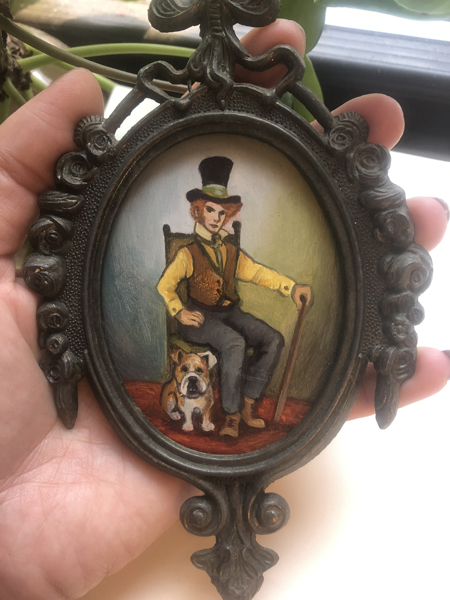 Tiny Original Art, Pair of 2, "Steampunk Dog Couple", Metal Italian Frame, Bulldog and Frenchie picture