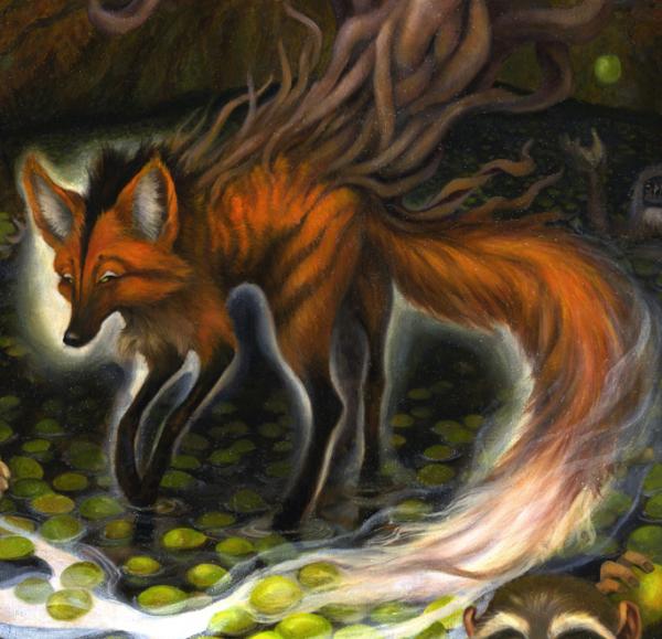 "Fox Spirit", 21 x 29 Large Original Oil Painting, Custom Frame