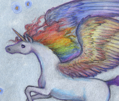 “Leaping Rainbow Winged Unicorn", original color pencils, 4.5 x 6.5 picture