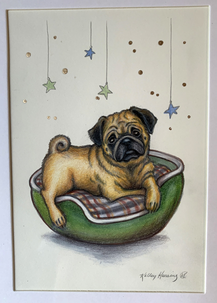 "Pug n Stars", Small Original 4.5 x 6 Color Pencil Art, Cute Dog Series picture