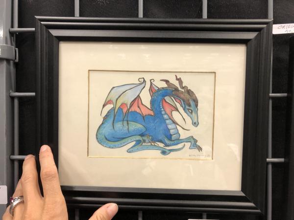 Blue Dragon, original art 7x5 inches, plus mat with frame