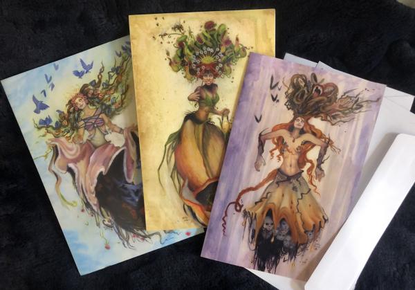 3 Large Cards w/Envelopes & Stickers, 5.5 x 8.5  "Three Witches" of Nature, Nightmare and Spring picture