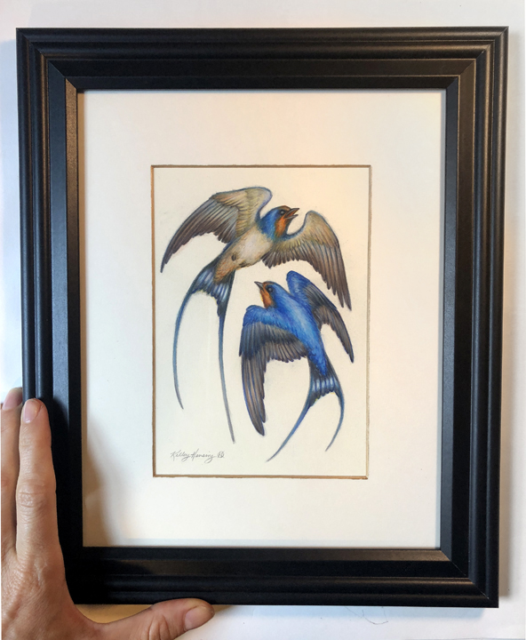 Swallows, 5x7 original framed art