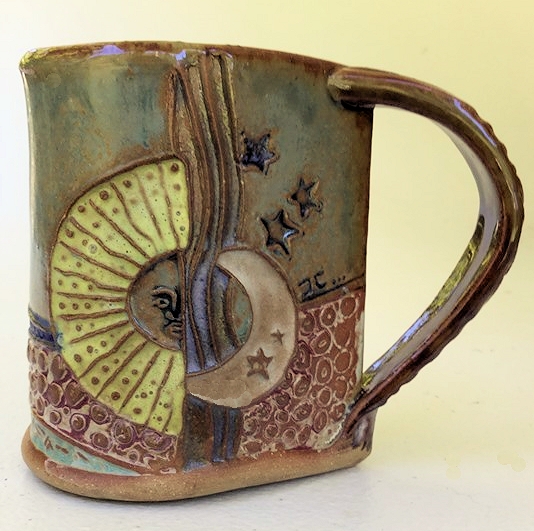 Sun and Moon Pottery Mug Coffee Cup Handmade Textural Design Functional Tableware 12 oz