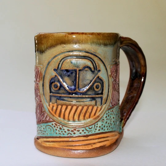 Hippie Bug Pottery Mug Coffee Cup Handmade Textural Design Functional Tableware 12 oz