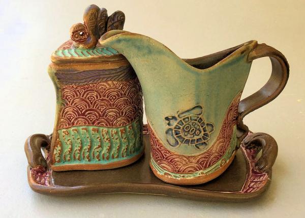 Cream and Sugar Set Sea Turtle Design Pottery Handmade Functional Tableware