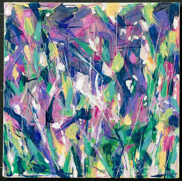 Abstract Flowers Painting in Purple, Pink, Green, Yellow