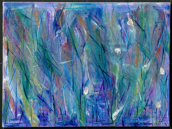 Abstract Flowers and Grass in Blue, Purple, Green and White