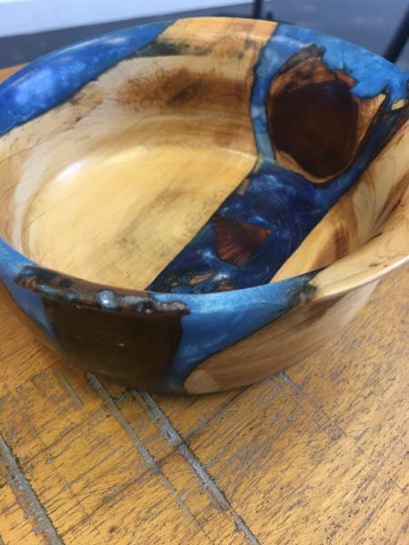 Cedar bowl, blue epoxy, Jeanette Pierce