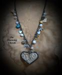 Antique lace heart necklace with bluebird charms