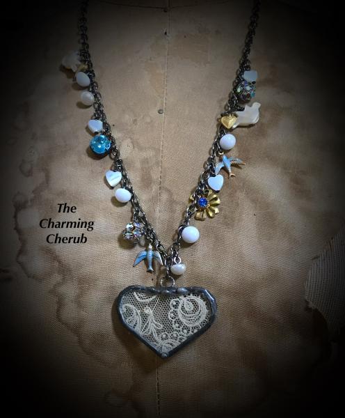 Antique lace heart necklace with bluebird charms picture