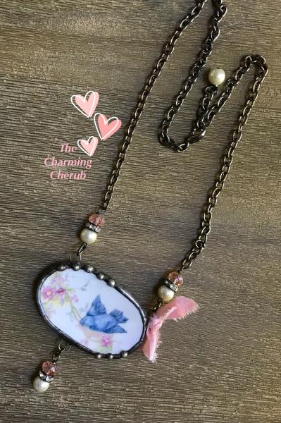 Sweet Blue bird broken china necklace picture