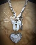 Antique lace heart necklace with key
