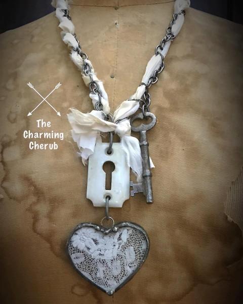 Antique lace heart necklace with key picture