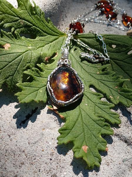 Sterling Silver Wire Wrapped Amber and Smokey Topaz