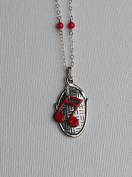 Sterling Silver Oval Pendant with Red Music Note picture