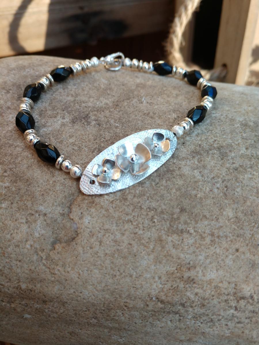 Sterling Silver Flower Design with Black and Silver Beads picture