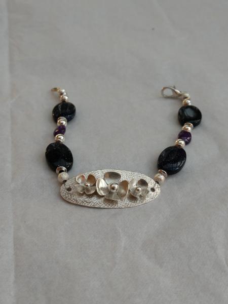 Sterling Silver Flower Design Focal Piece with Blue Gold Stone and Silver Beads picture