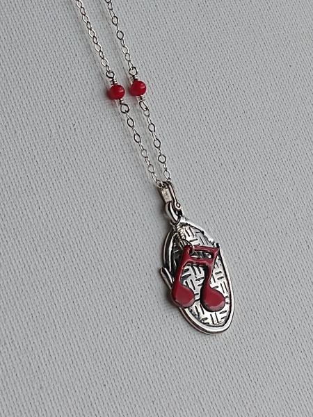 Sterling Silver Oval Pendant with Red Music Note picture