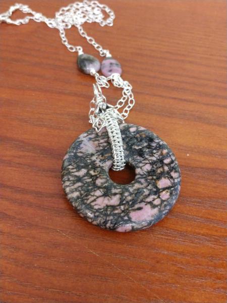 Sterling Silver Wire Wrapped Rhodonite Doughnut Pendant picture