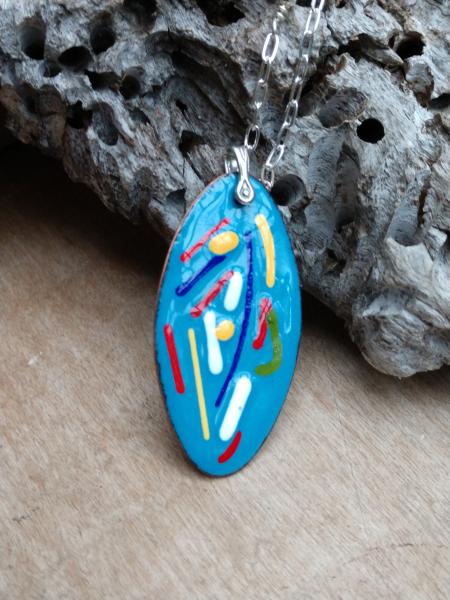 Enamel Blue Background with Color Strands Pendant on Silver Chain picture