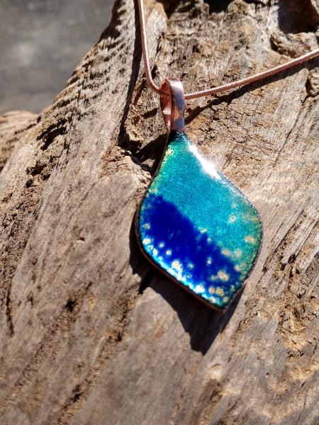 Enamel Two Tone Blues with Clear Crackle Enamel Pendant on Copper Chain picture