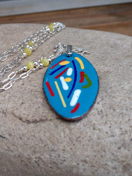 Enamel Blue Background with Color Strands Pendant on Silver Chain picture