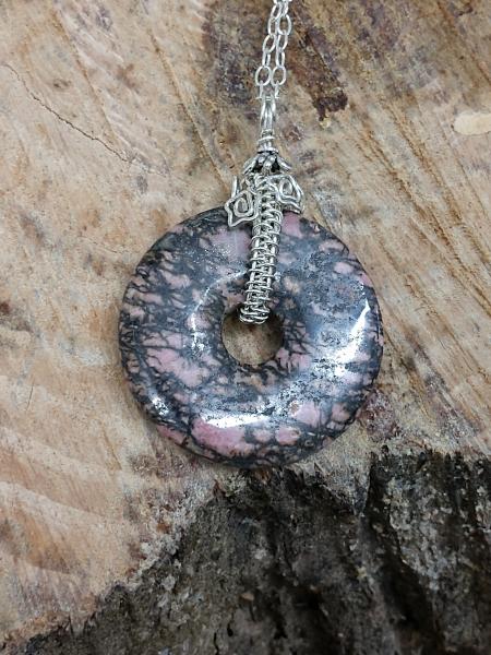 Sterling Silver Wire Wrapped Rhodonite Doughnut Pendant picture