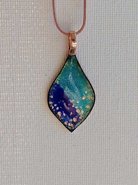 Enamel Two Tone Blues with Clear Crackle Enamel Pendant on Copper Chain picture