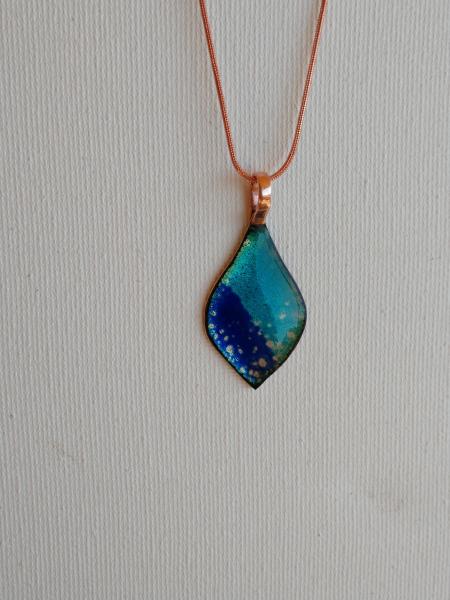 Enamel Two Tone Blues with Clear Crackle Enamel Pendant on Copper Chain
