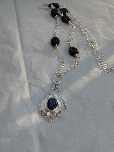 Sterling Silver Flower Design with Blue Gold Stone Pendant on Sterling Chain picture