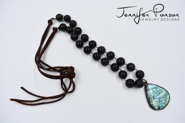 Smokey Quartz Beaded and Leather Necklace with Labradorite Pendant picture