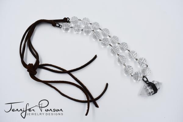 Crystal Beaded and Leather Necklace with Herkimer Diamond Pendant