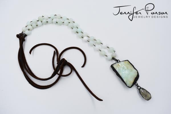 Green Opal Beaded and Leather Necklace with Green Opal and Quartz Pendant